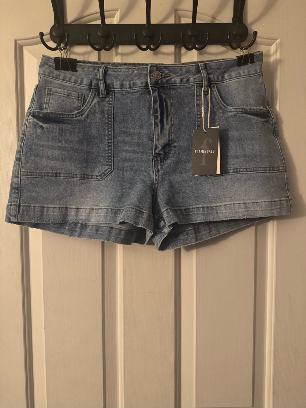 Flamingals Mid-Rise Light Blue Denim Utility Shorts